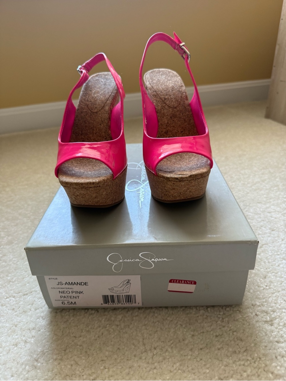 Jessica Simpson Neo Pink Patent Cork Platform Slingback Heels